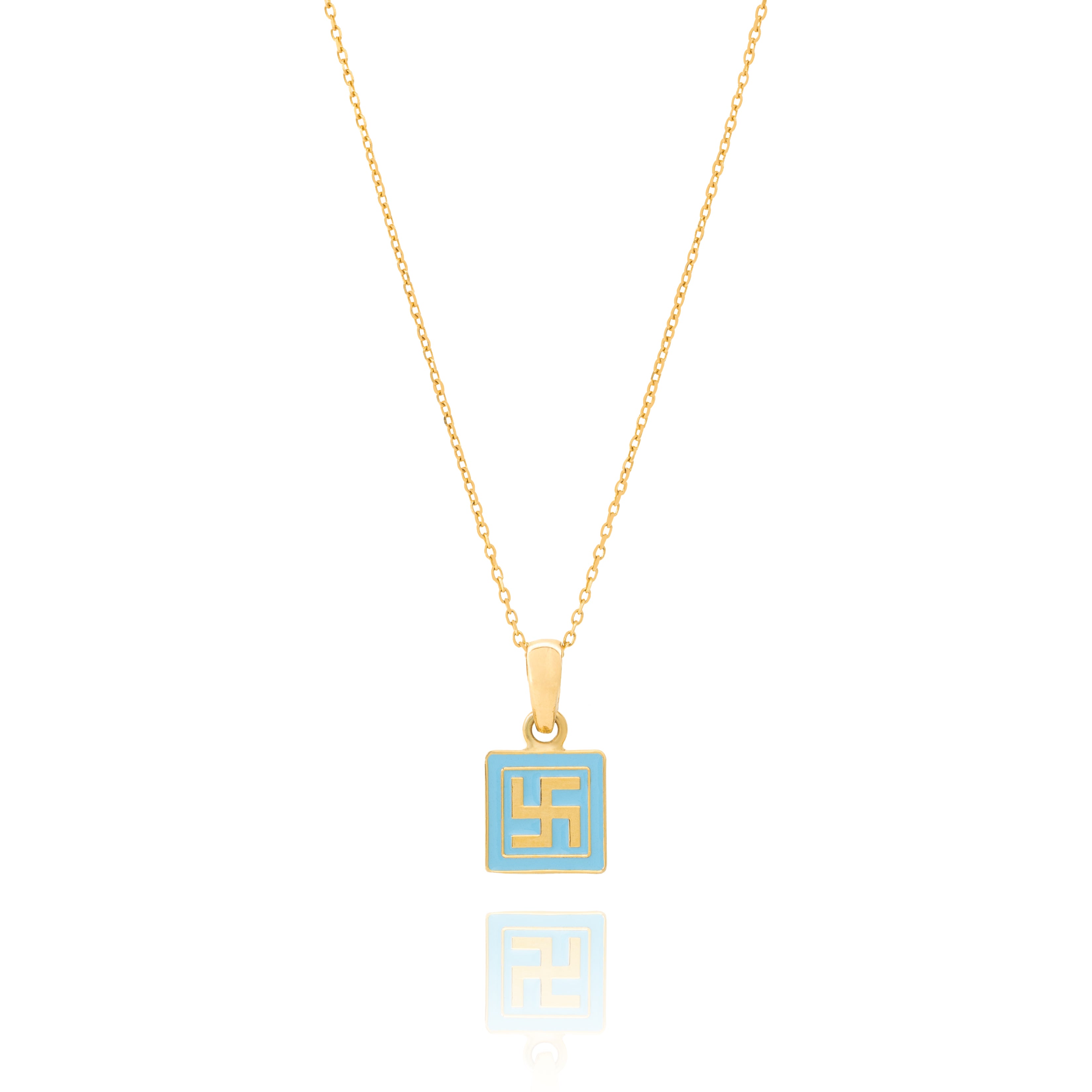 Tiny Jewels gold pendant with a blue square and yellow swastika symbol on a white background