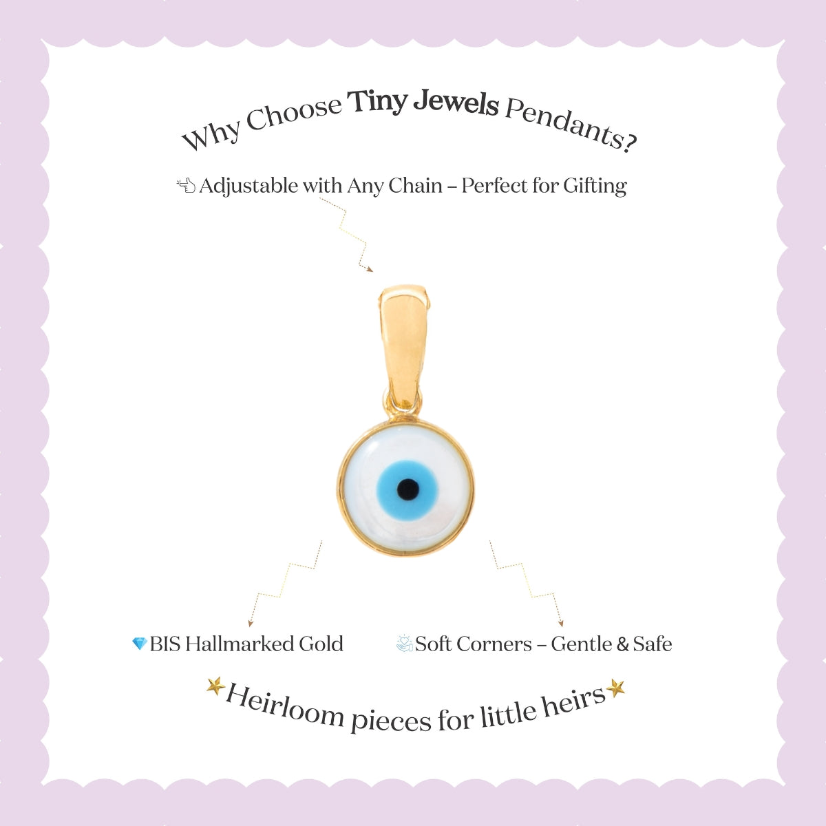 Tiny Jewels gold pendant with blue eye design on a white card with text about Tiny Jewels Pendants.