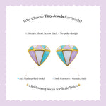 Tiny Jewels diamond-shaped earrings with gold accents on a light purple background, featuring text about the brand and product features.
