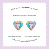 Tiny Jewels diamond-shaped earrings with gold accents on a light purple background, featuring text about the brand and product features.