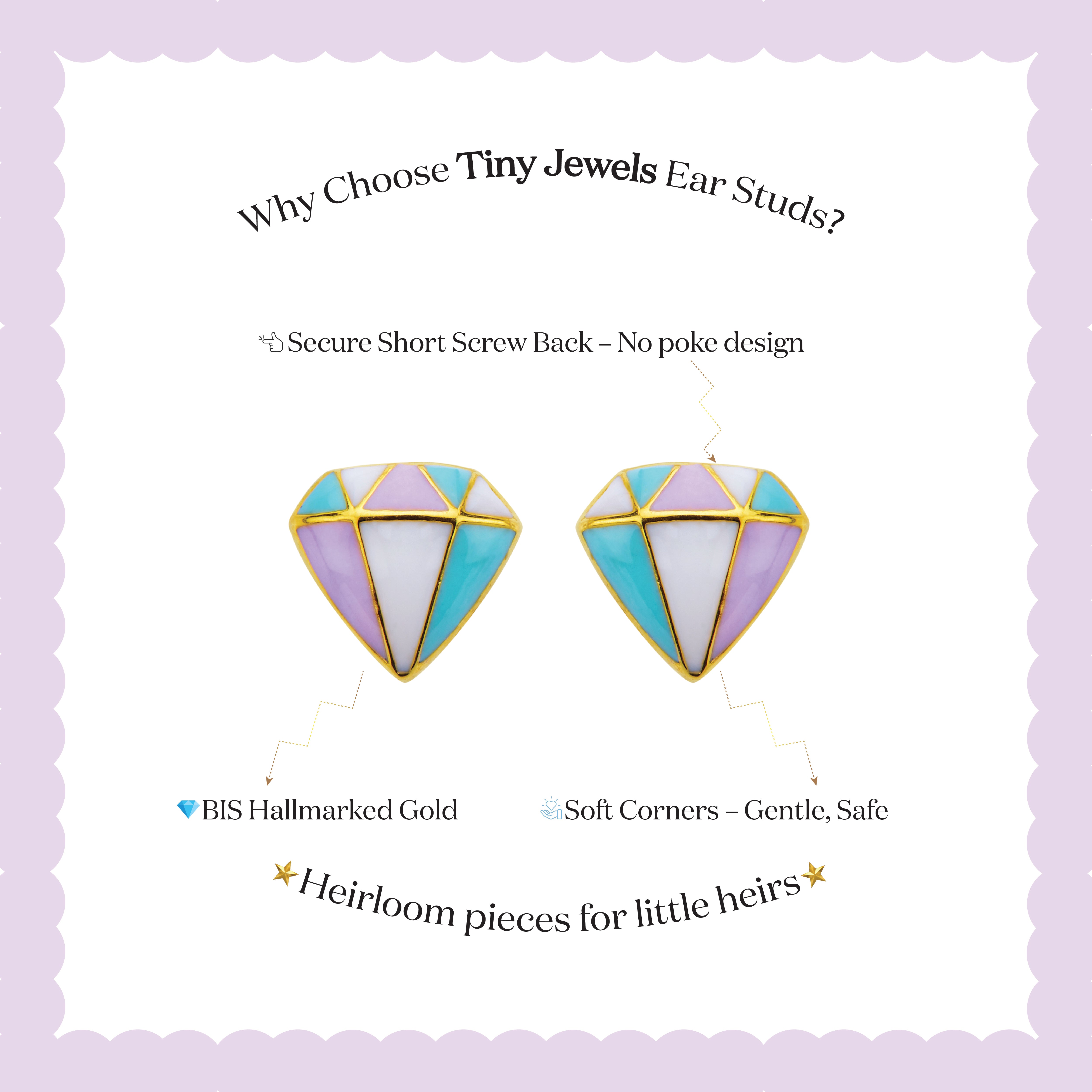 Tiny Jewels diamond-shaped earrings with gold accents on a light purple background, featuring text about the brand and product features.