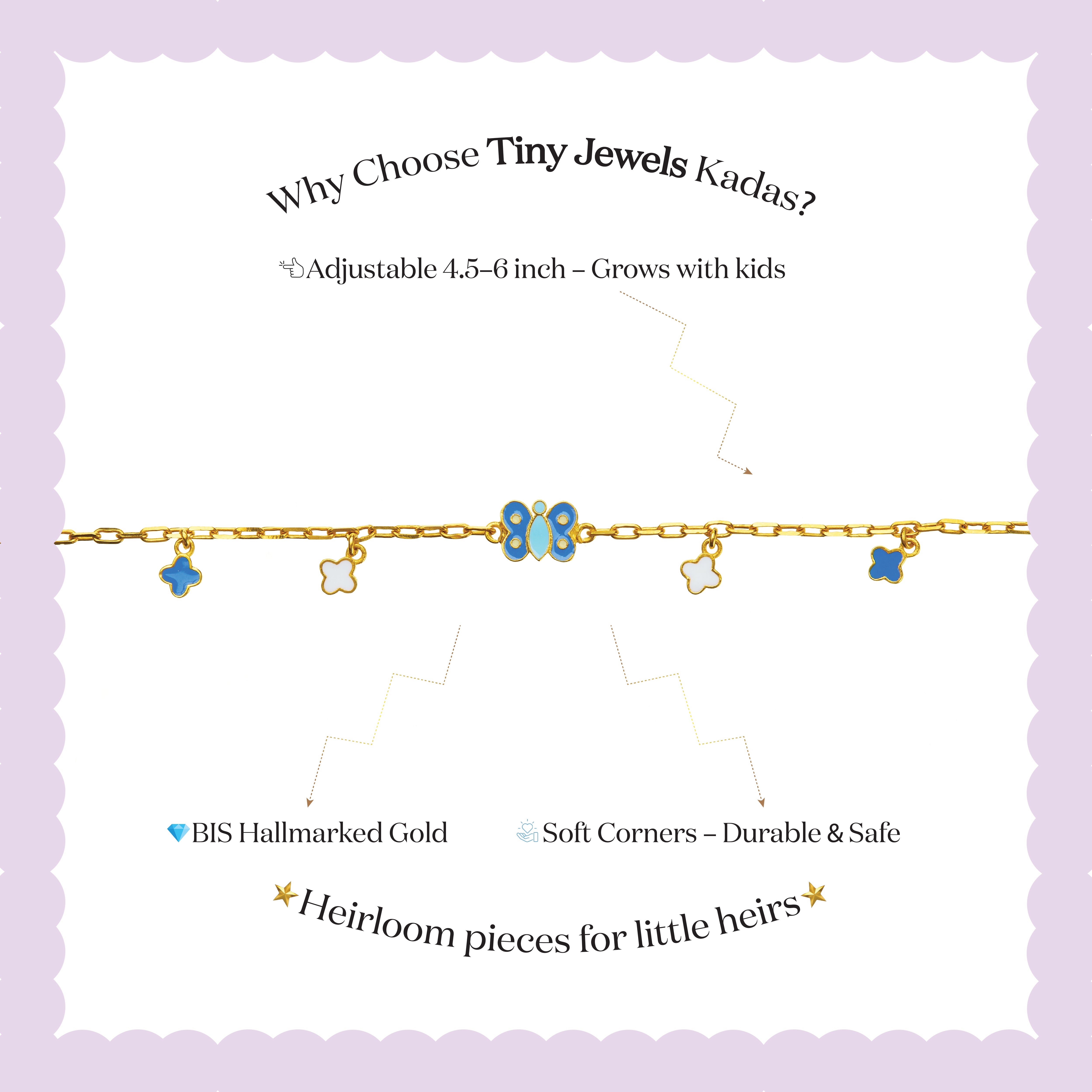 Tiny Jewels gold bracelet with blue accents on a wrist against a pink and black background