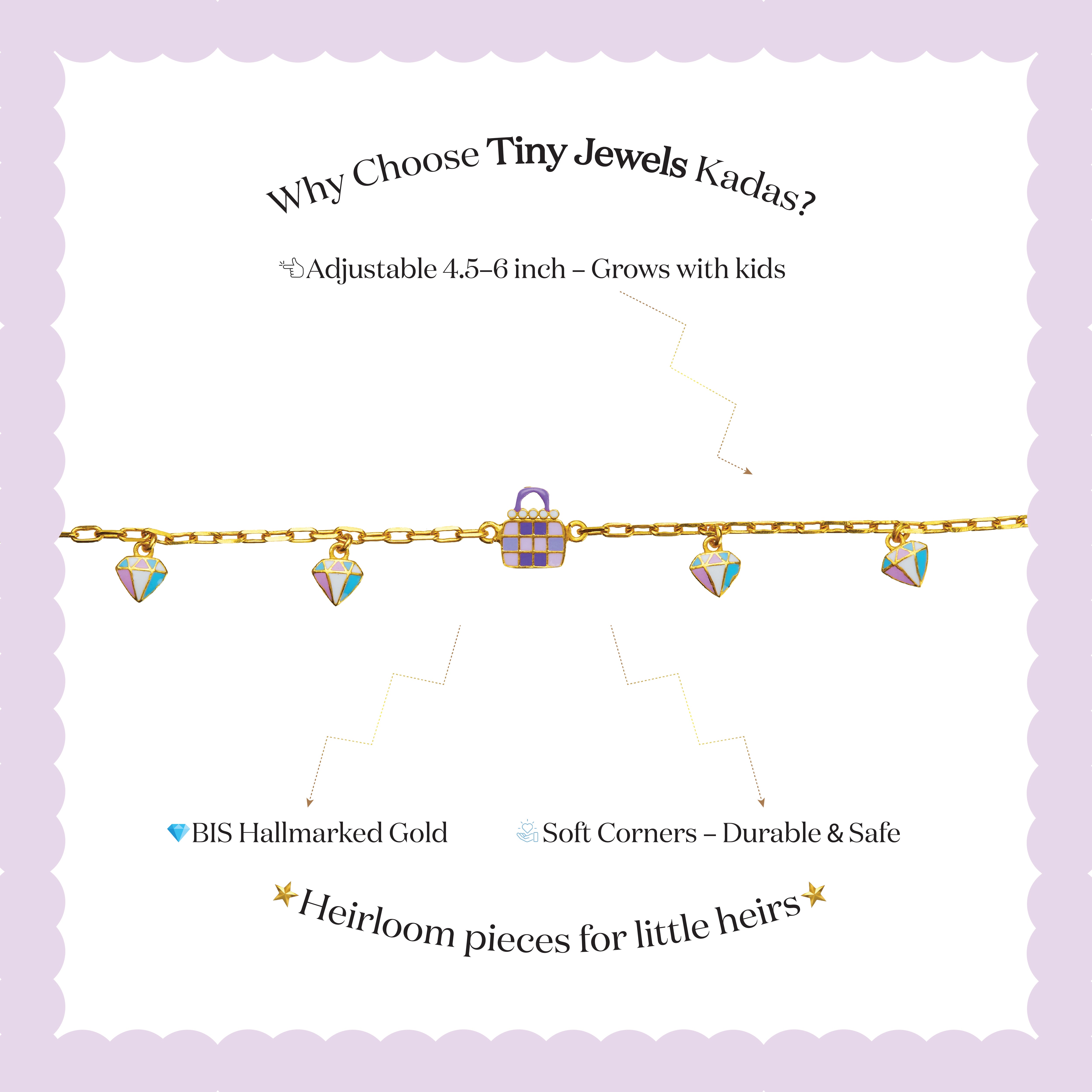 Tiny Jewels gold necklace with colorful charms on a white card with promotional text on a purple background