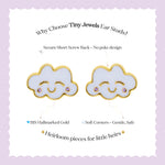 Tiny Jewels cloud-shaped earrings with gold borders on a light purple background, featuring text about Tiny Jewels ear studs.