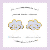 Tiny Jewels cloud-shaped earrings with gold borders on a light purple background, featuring text about Tiny Jewels ear studs.