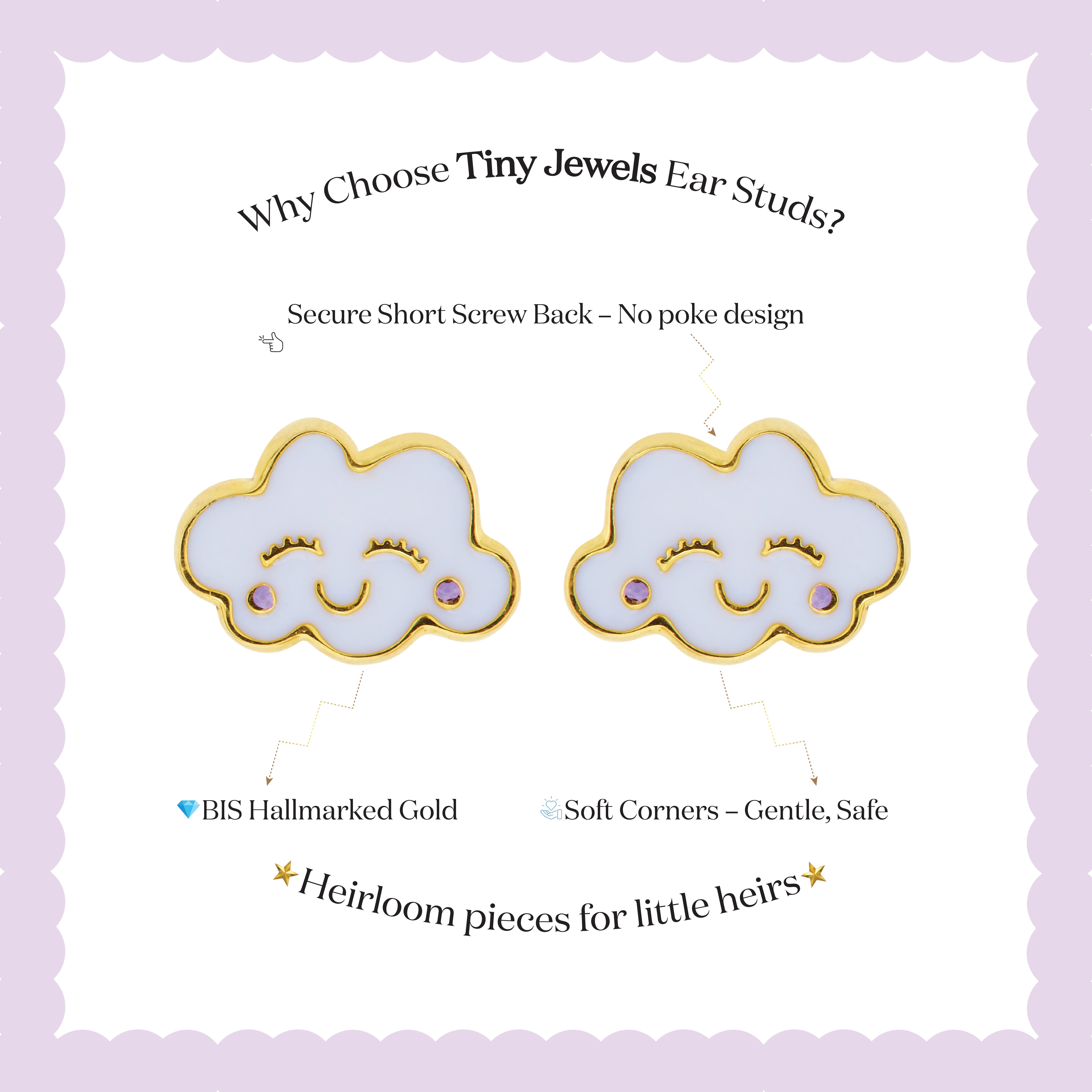 Tiny Jewels cloud-shaped earrings with gold borders on a light purple background, featuring text about Tiny Jewels ear studs.