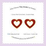 Tiny Jewels heart-shaped gold earrings on a white card with purple border and text about the product.