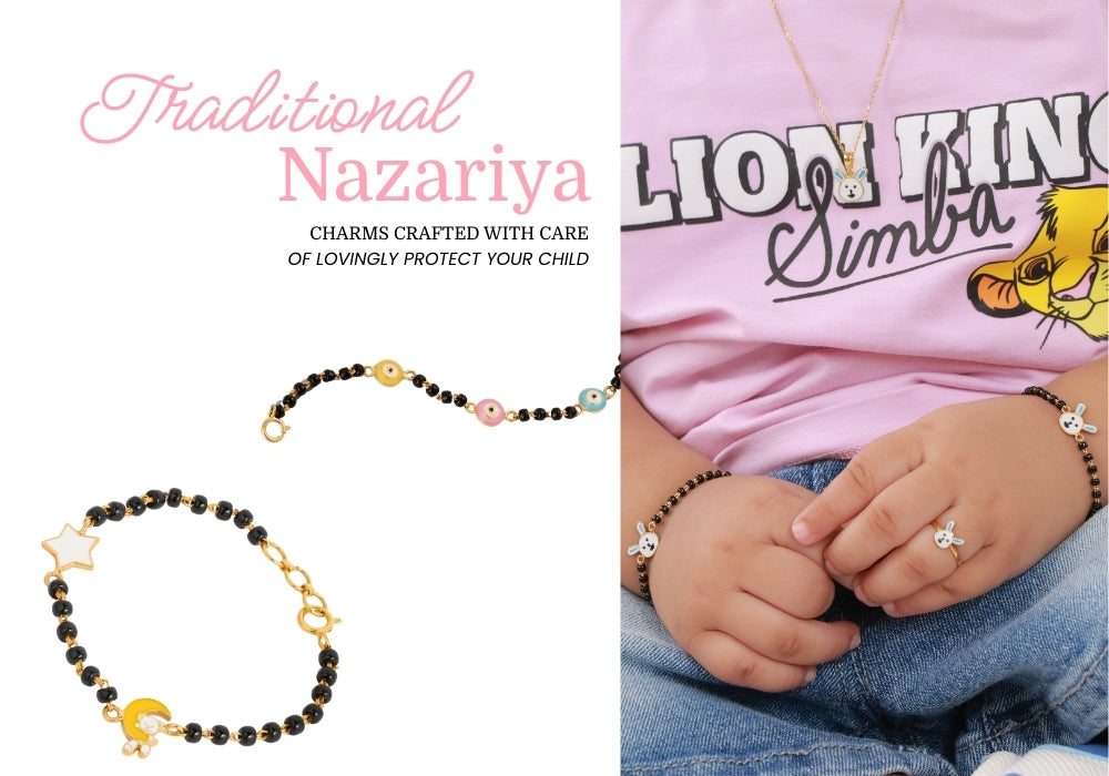 Tiny Jewels Nazariya Collection Bracelet with charms and child's hands wearing a 'Lion King' shirt.