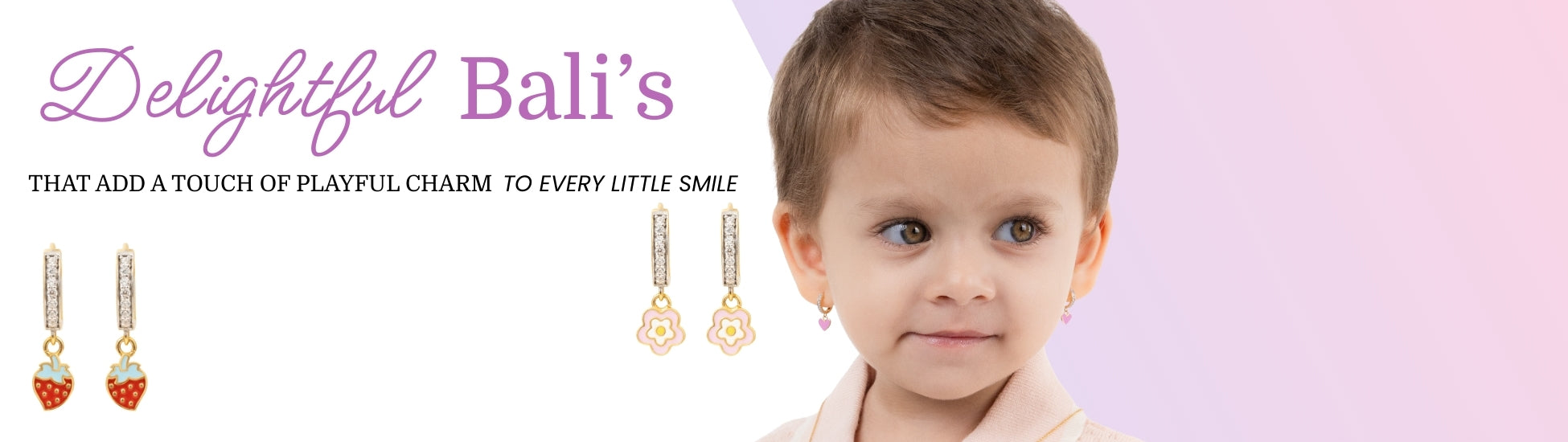 Tiny Jewels Balis Collection Child wearing earrings with jewelry brand name 'Delightful Bali's' on a pink background