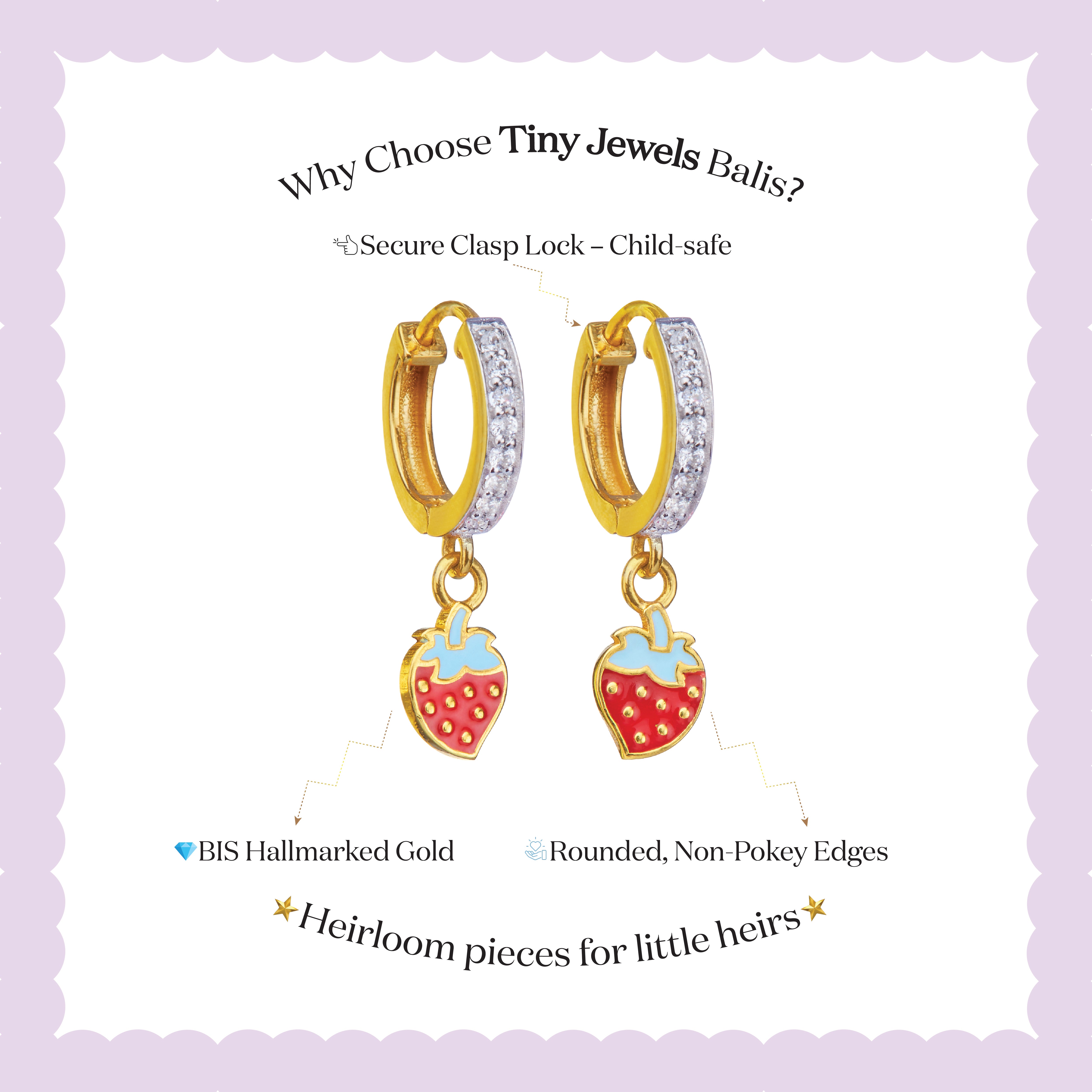 Tiny Jewels gold hoop earrings with strawberry charms on a white background with text about Tiny Jewels Balis.