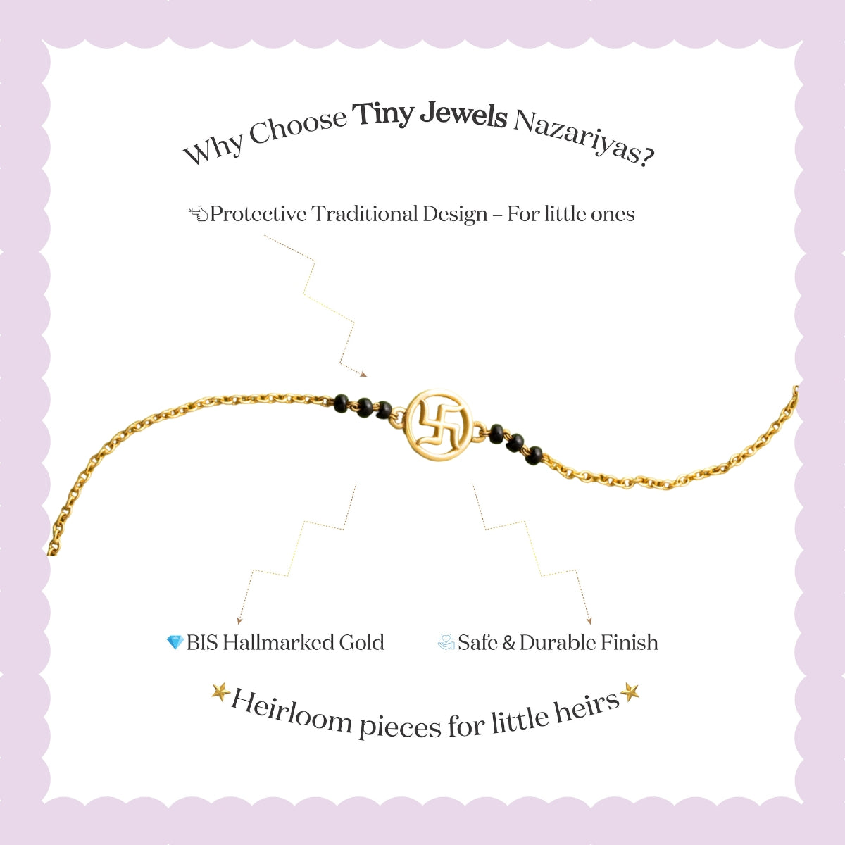 Tiny Jewels gold bracelet with black beads on a white background with promotional text about Tiny Jewels Nazariyas.