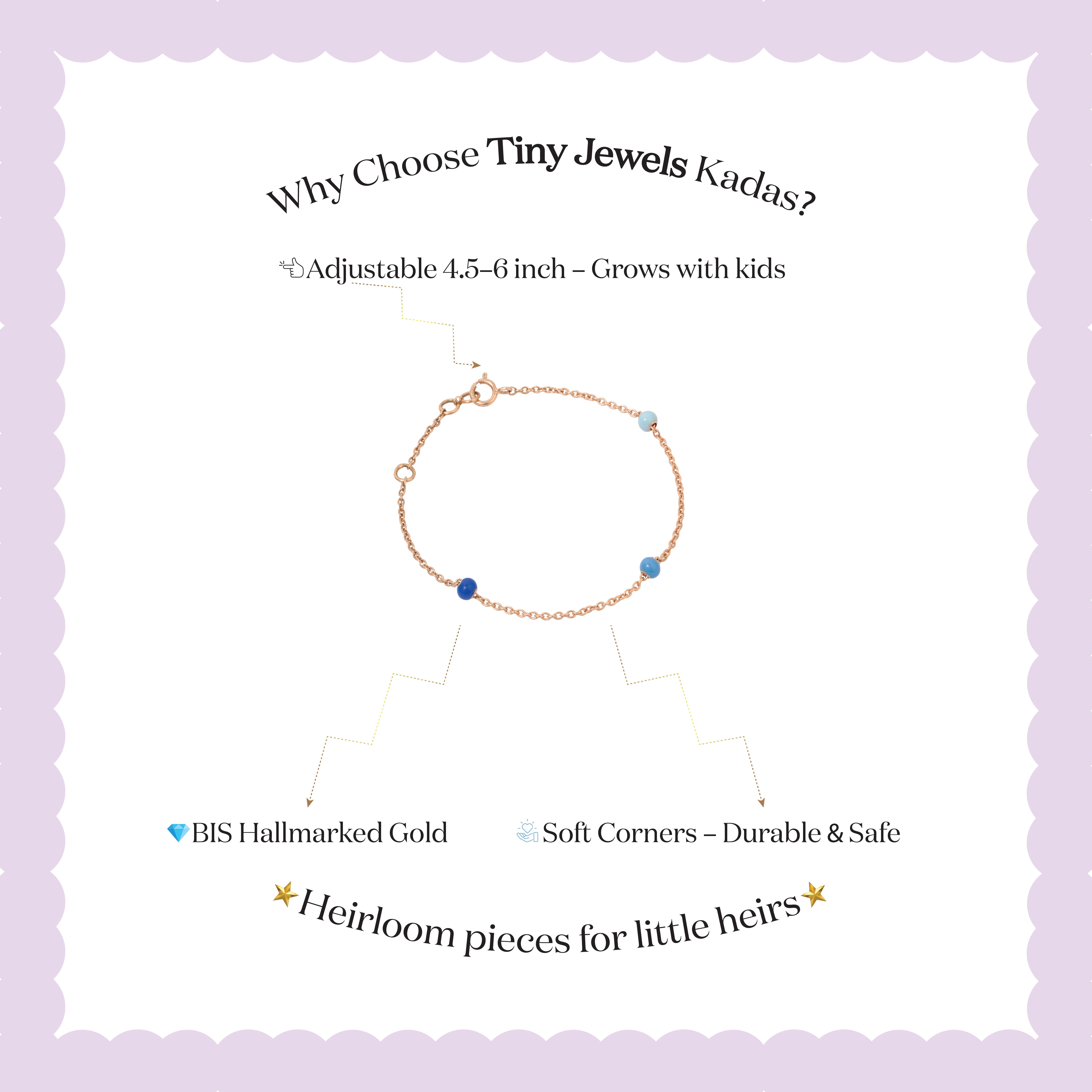 Tiny Jewels advertisement for Tiny Jewels Kadas jewelry on a light purple background