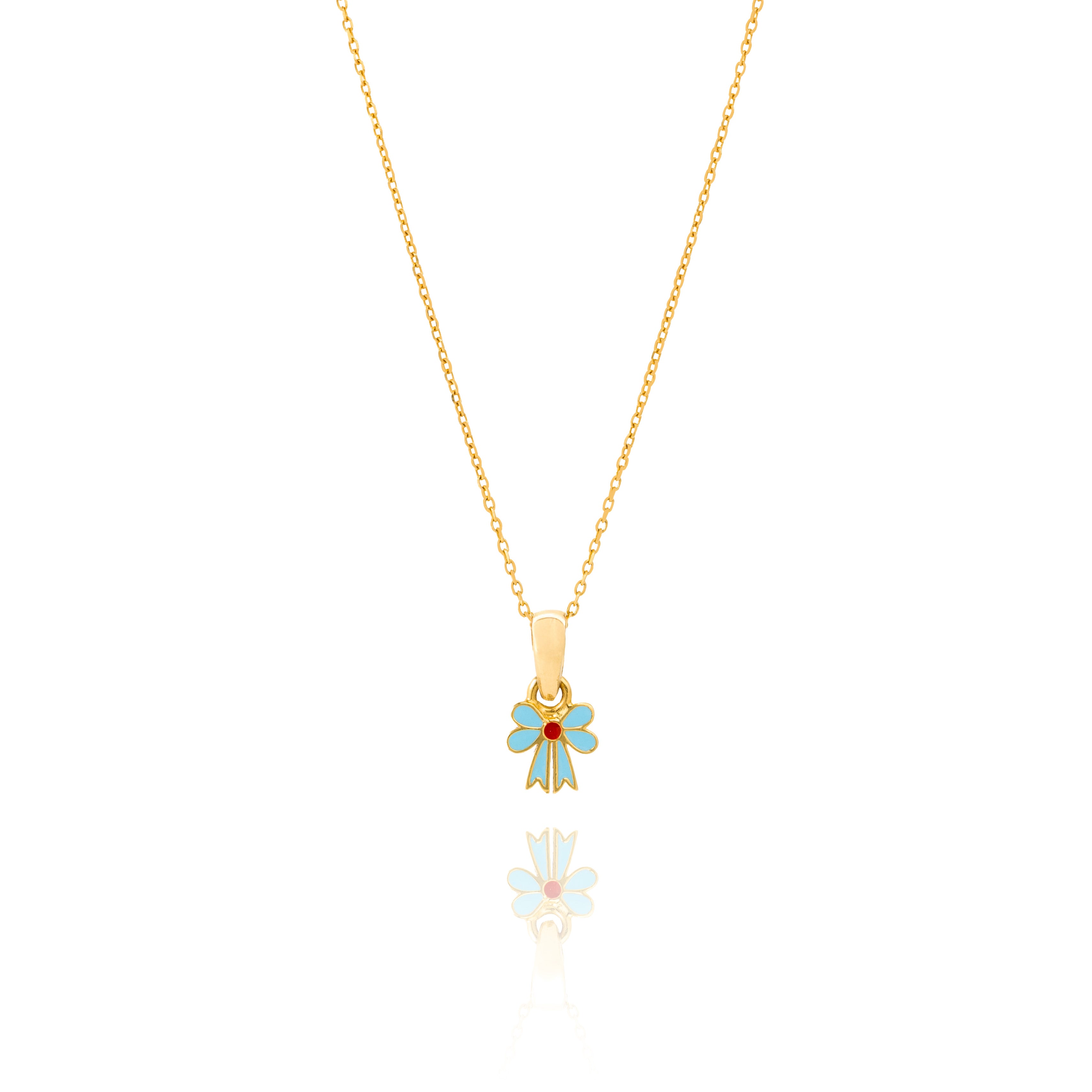 Tiny Jewels gold pendant with a blue flower design on a white background
