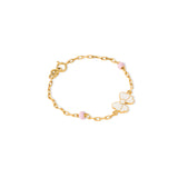 Tiny Jewels gold bracelet with a white flower charm and pink beads on a white background