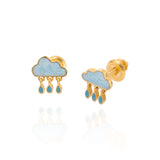 Tiny Jewels pair of cloud-shaped earrings with gold and blue details on a white background