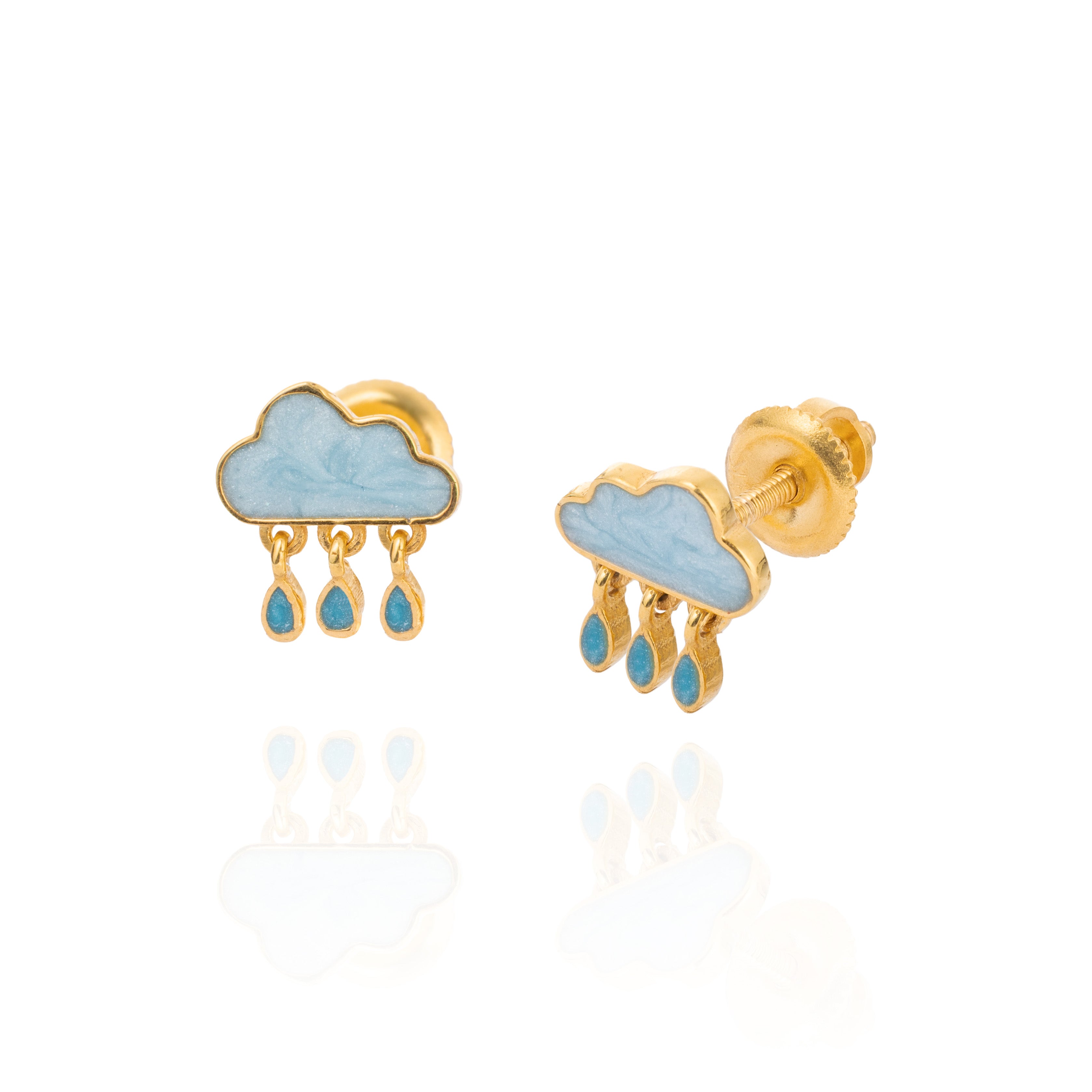 Tiny Jewels pair of cloud-shaped earrings with gold and blue details on a white background