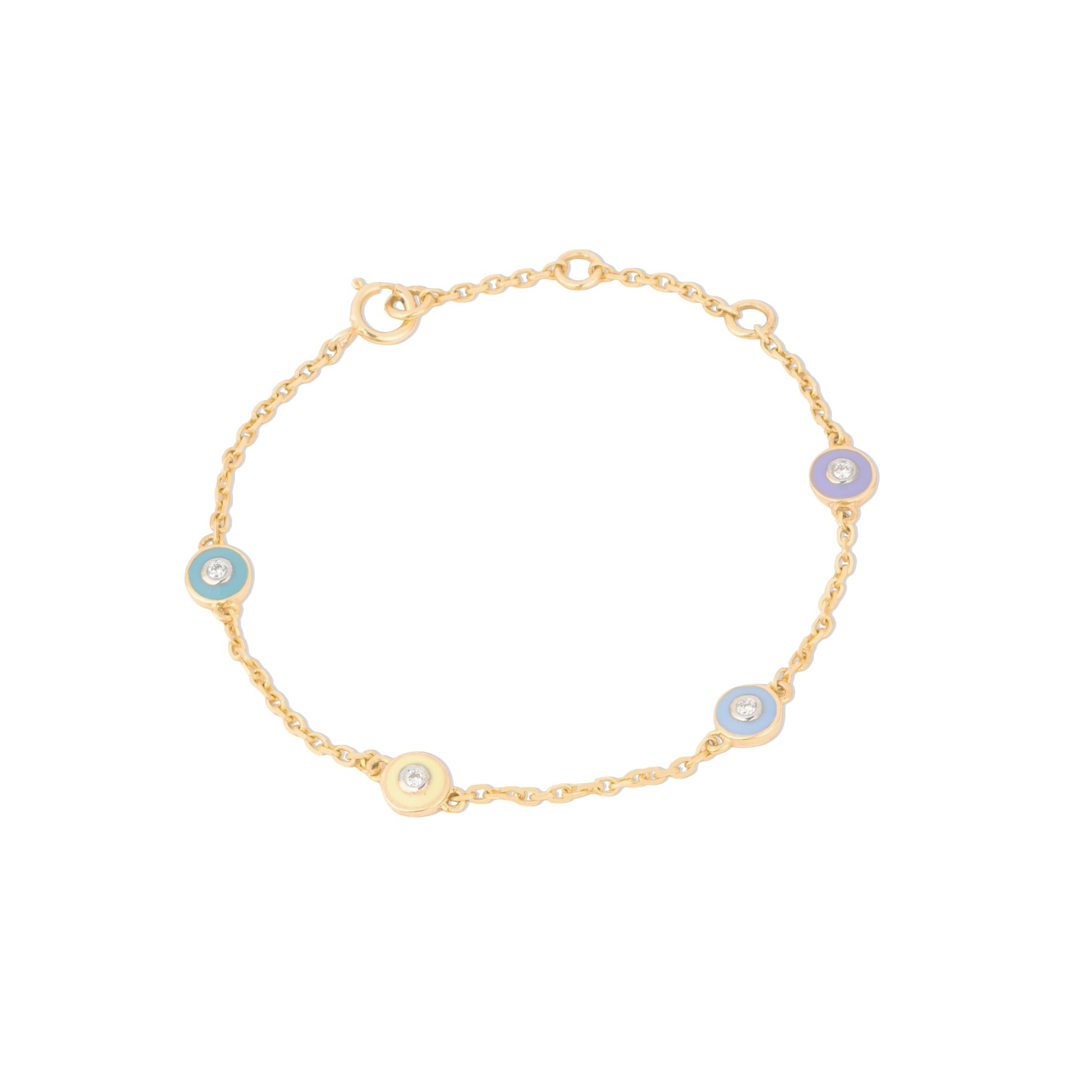 Tiny Jewels gold bracelet with blue evil eye charms on a white background