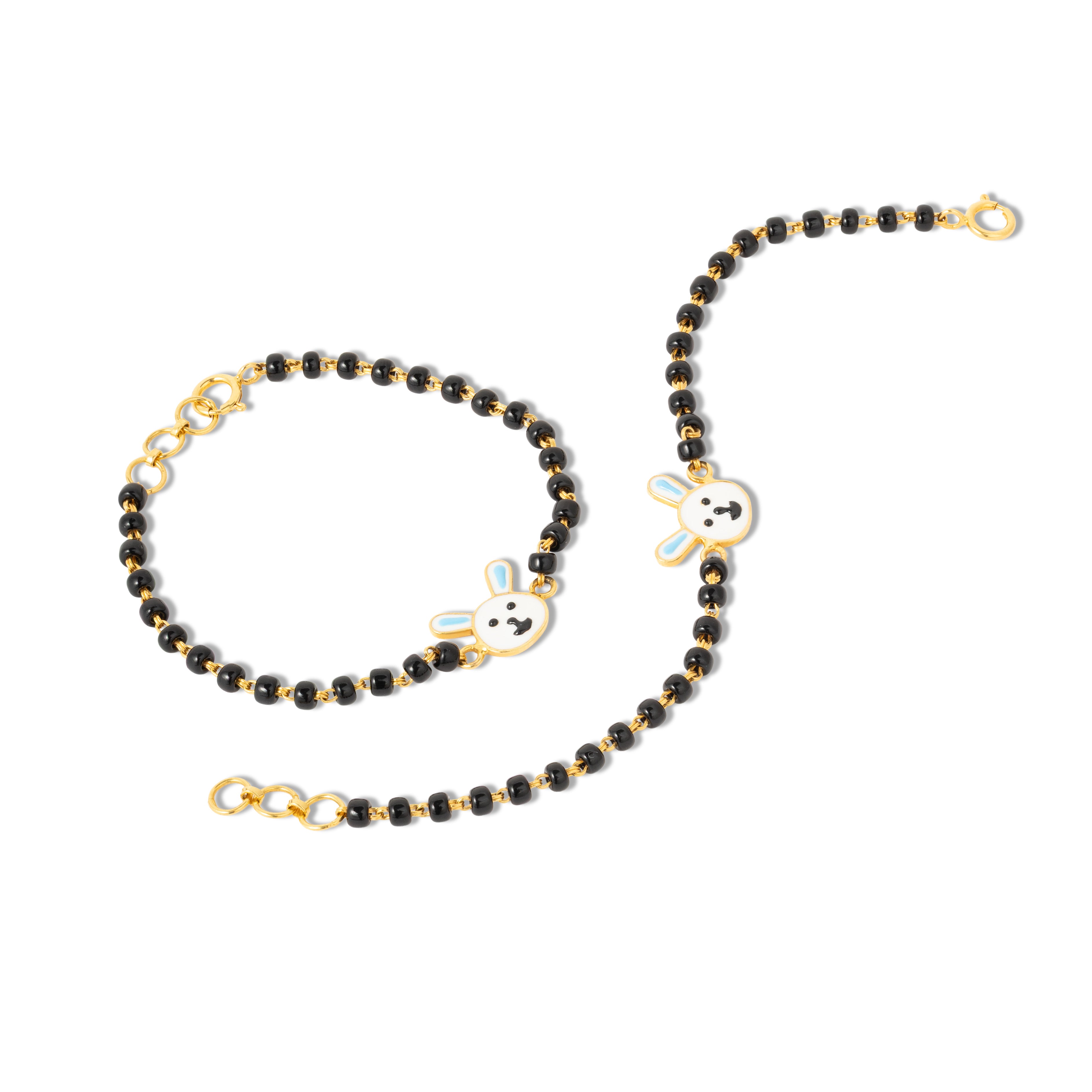 Tiny Jewels black beaded chain with gold clasp and panda charm on a white background