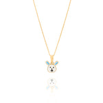 Tiny Jewels gold pendant shaped like a rabbit face with blue ears on a white background