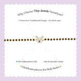 Tiny Jewels children's bracelet with bunny design on a light purple background, featuring text about Tiny Jewels Nazariyas.