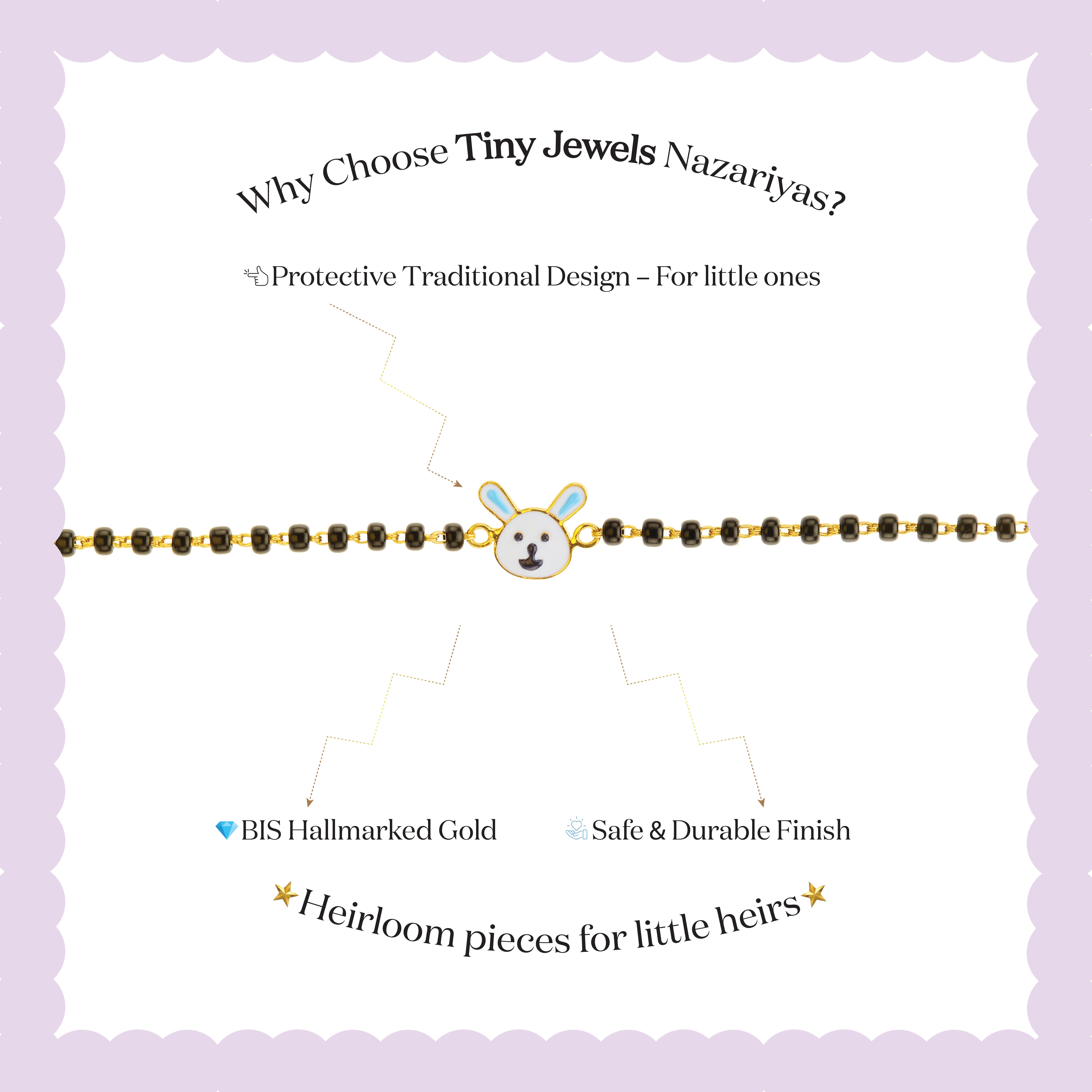 Tiny Jewels children's bracelet with bunny design on a light purple background, featuring text about Tiny Jewels Nazariyas.