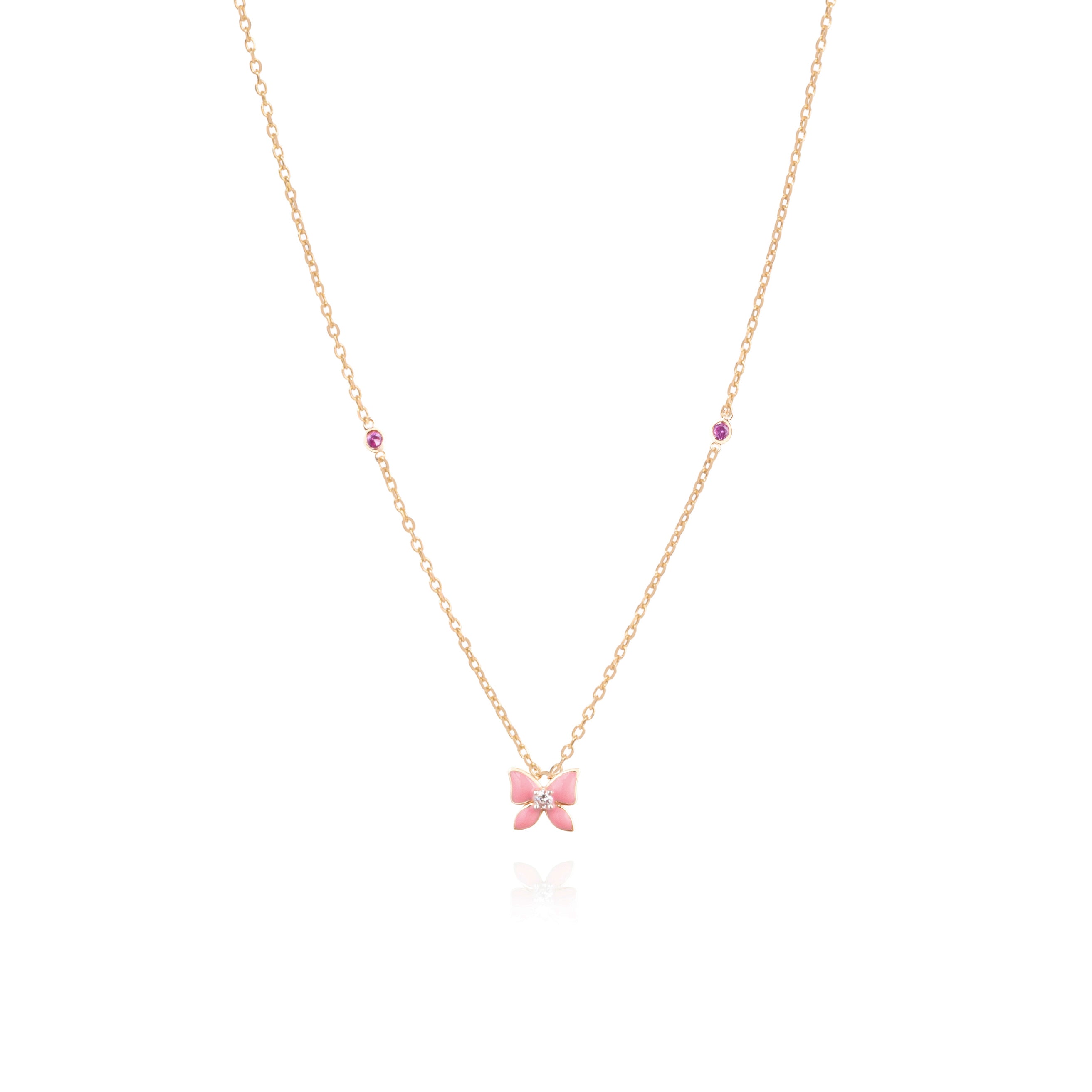 Tiny Jewels necklace with a pink butterfly pendant on a white background