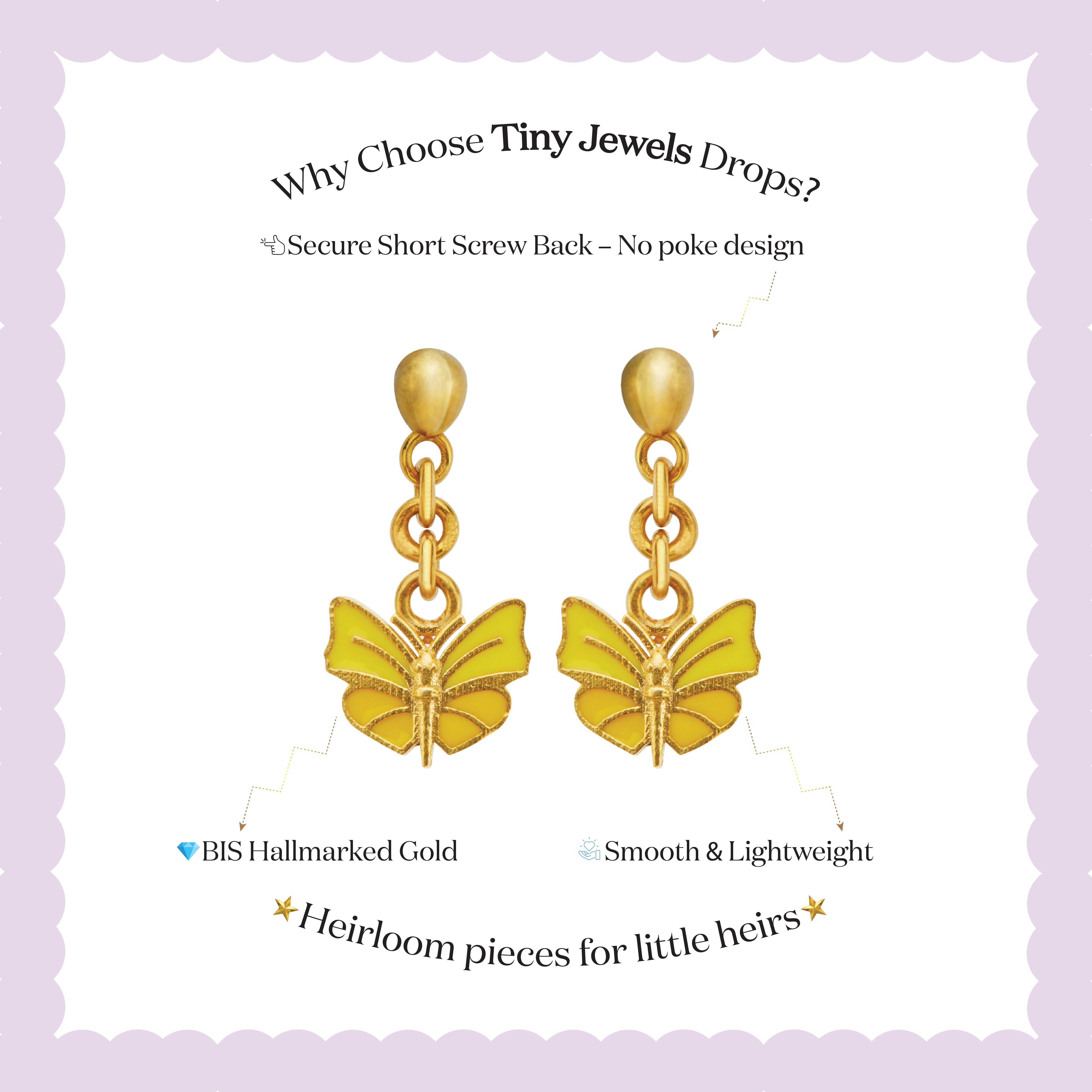 Tiny Jewels gold butterfly earrings on a white card with text about Tiny Jewels Drops.