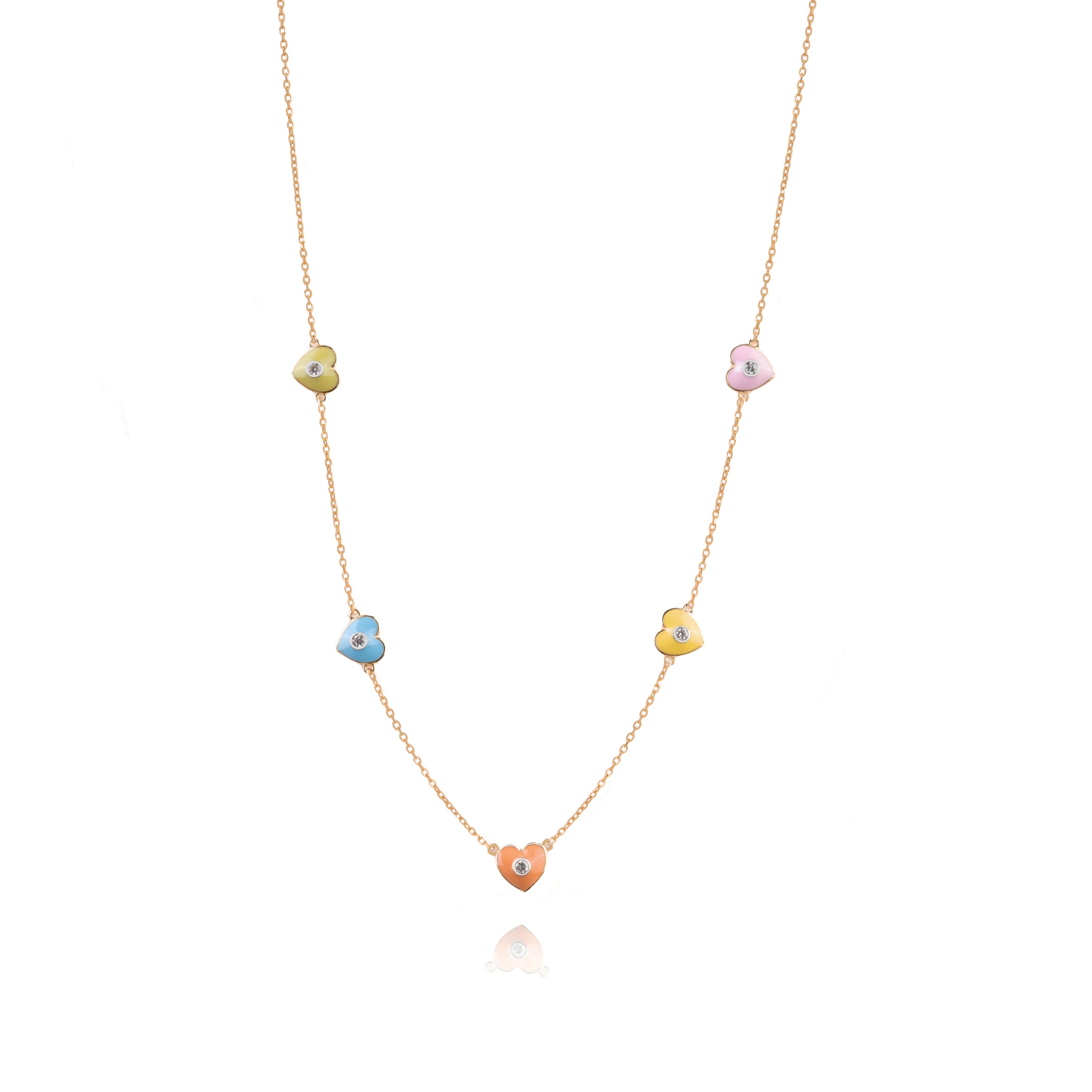 Tiny Jewels necklace with colorful heart-shaped pendants on a white background