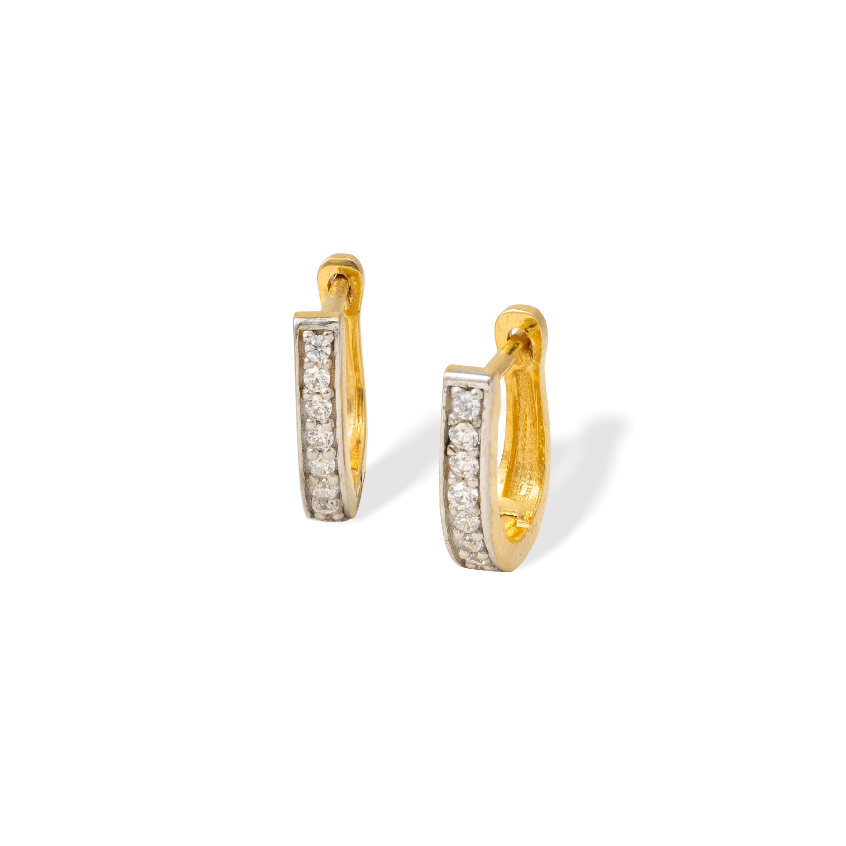 Tiny Jewels gold hoop earrings with embedded diamonds on a white background