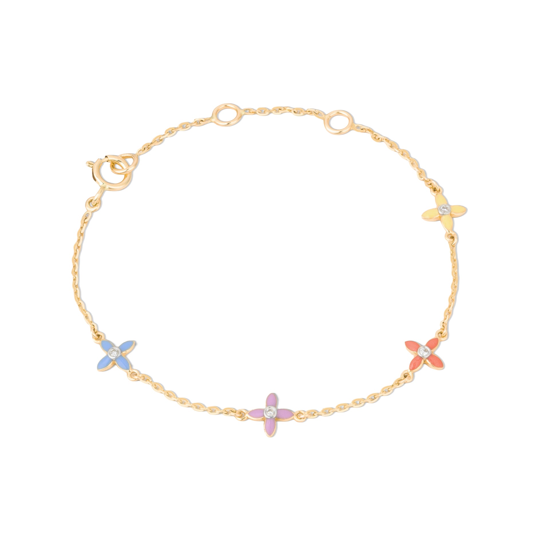 Tiny Jewels gold bracelet with colorful flower-shaped charms on a white background