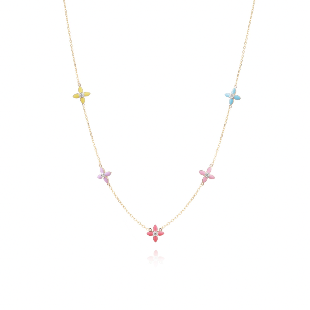 Tiny Jewels necklace with colorful butterfly pendants on a white background