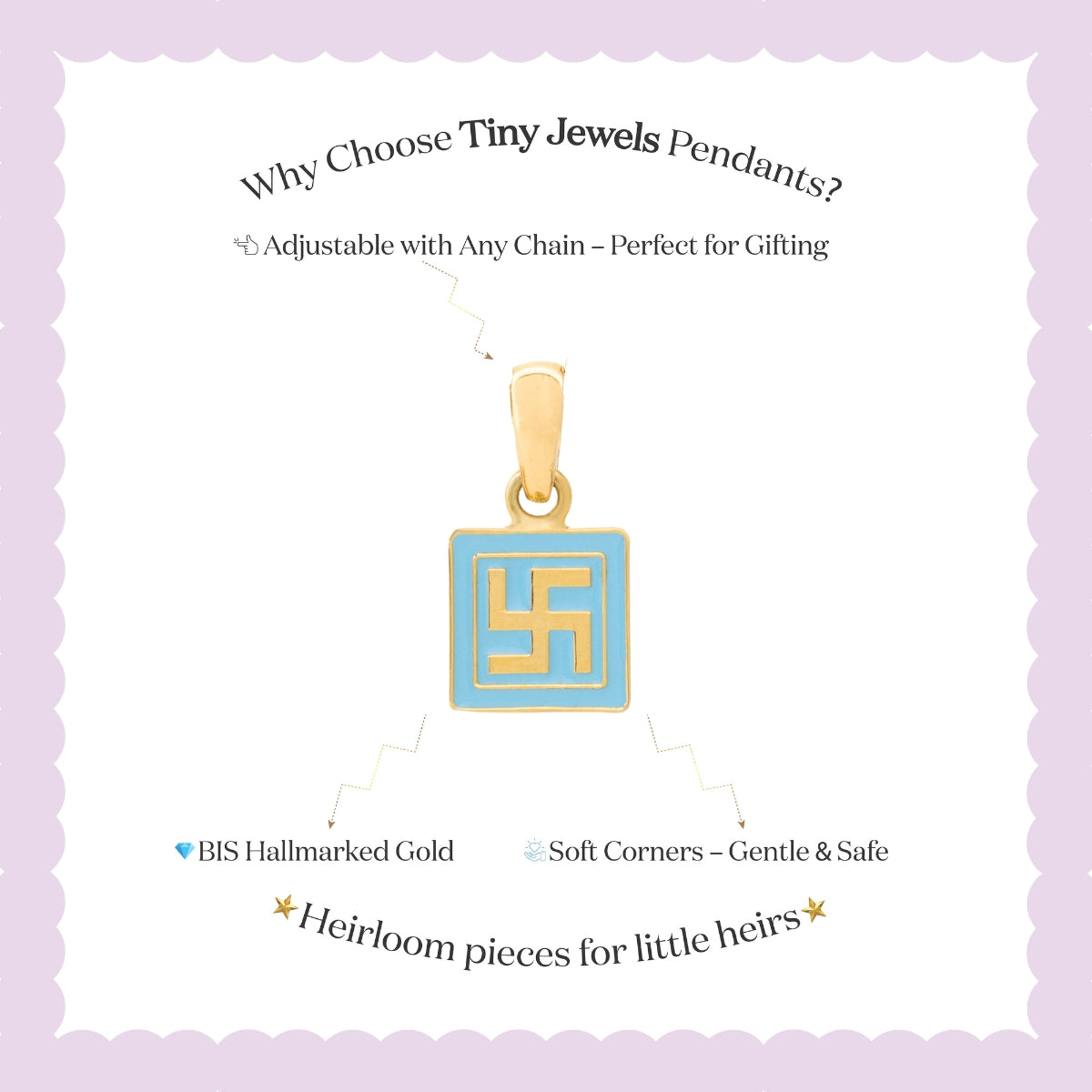 Tiny Jewels gold and blue pendant on a white card with text about Tiny Jewels Pendants