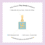 Tiny Jewels gold and blue pendant on a white card with text about Tiny Jewels Pendants