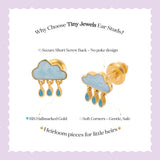 Tiny Jewels cloud-shaped earrings with gold and blue details on a light purple background