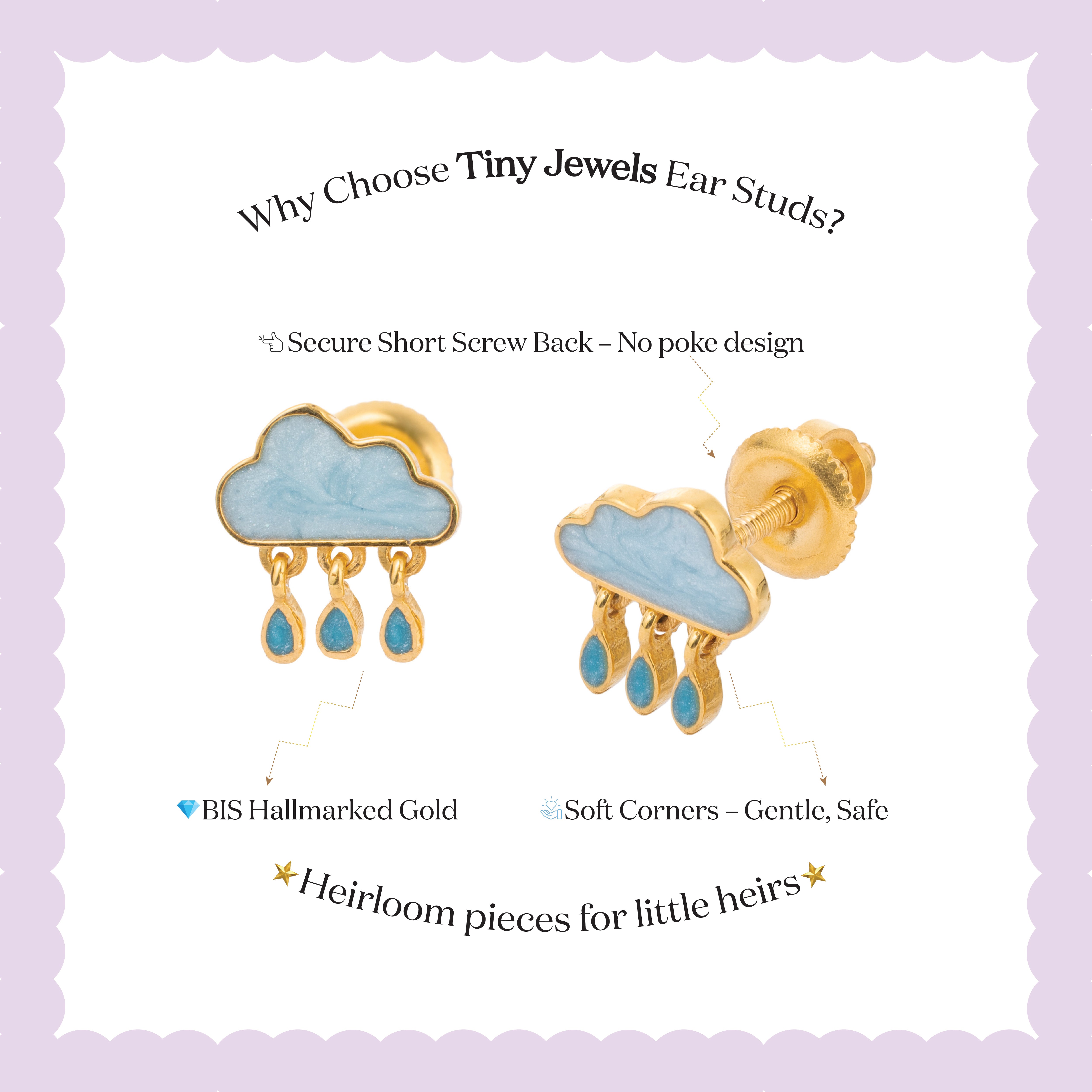 Tiny Jewels cloud-shaped earrings with gold and blue details on a light purple background