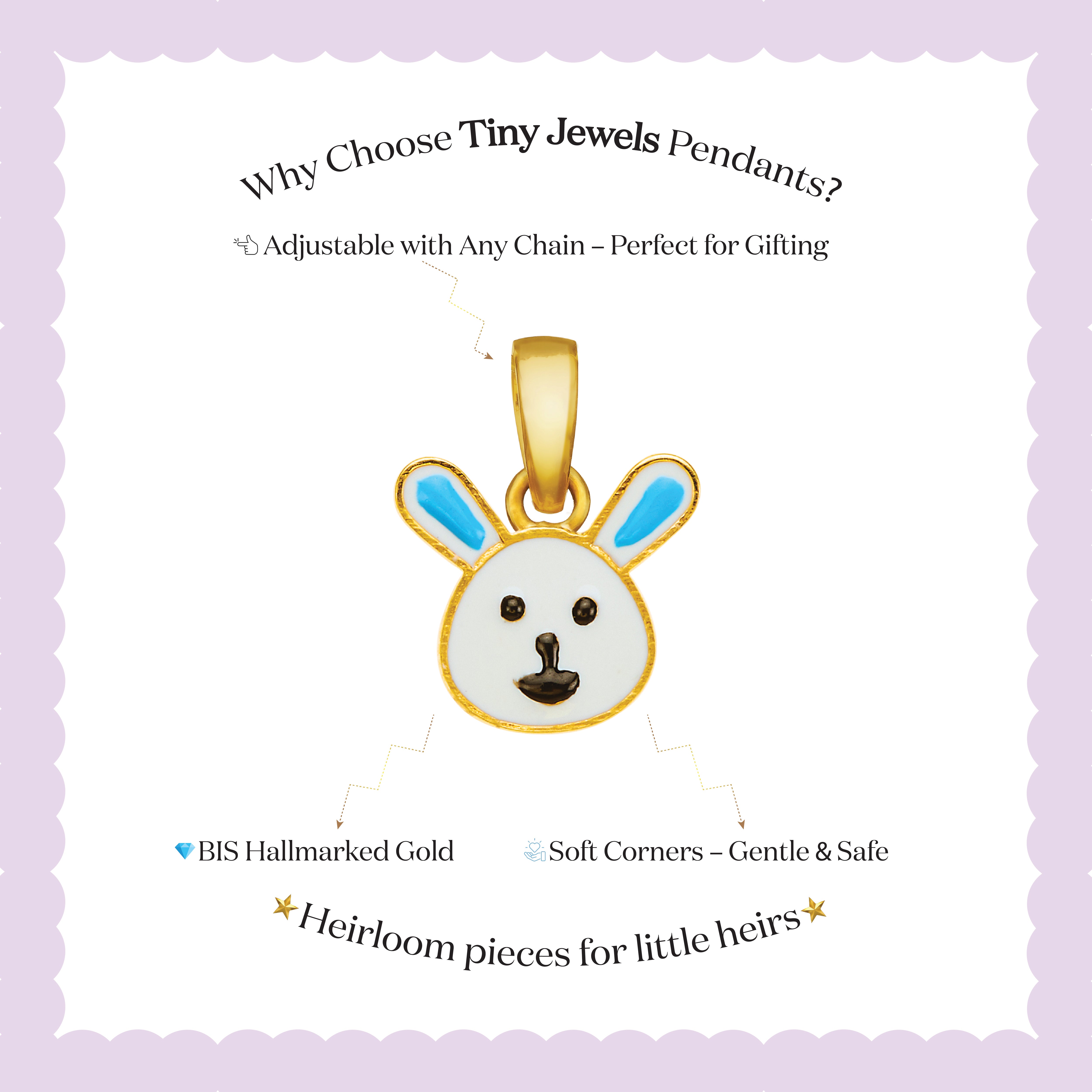 Tiny Jewels Gold pendant shaped like a rabbit with blue accents on a white background