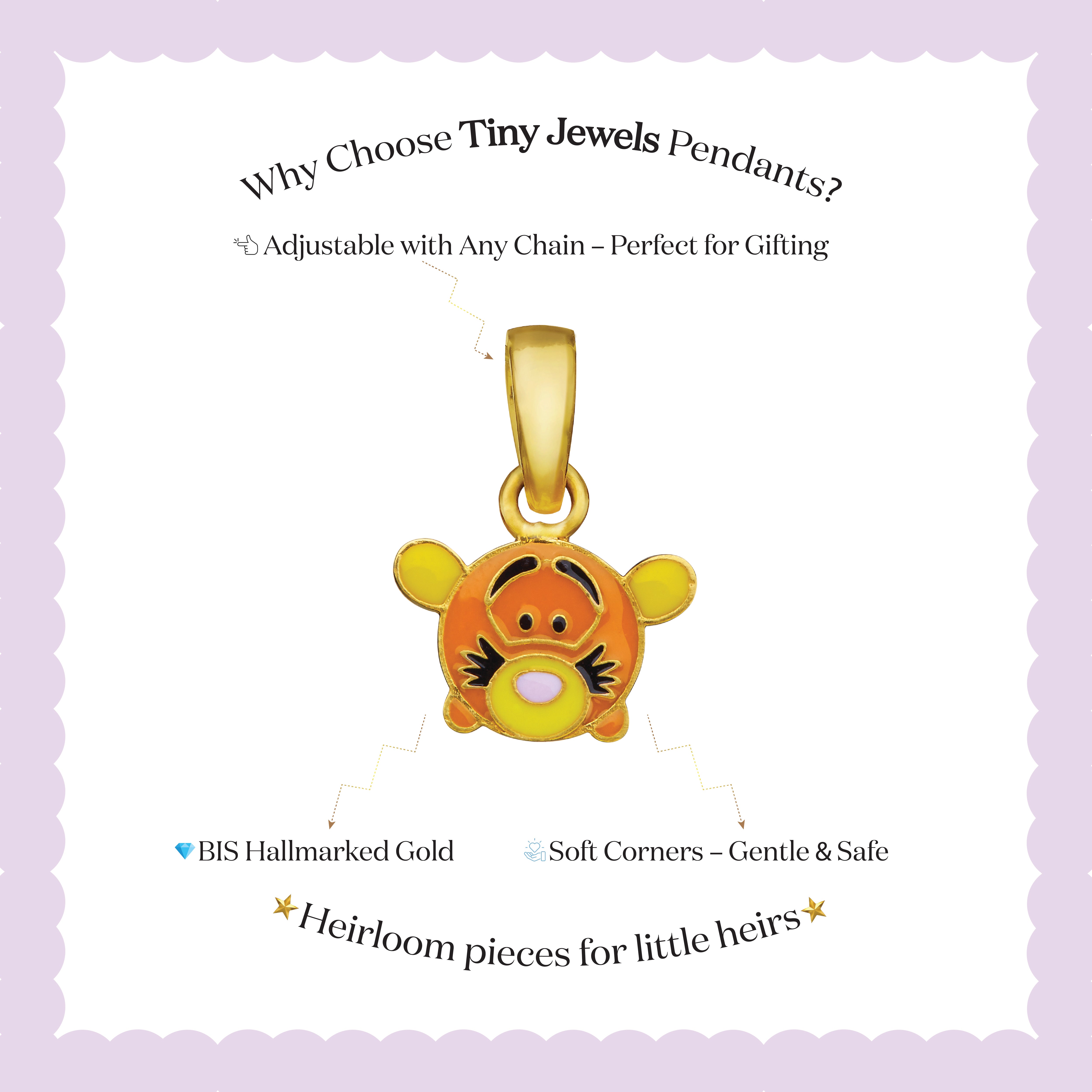 Tiny Jewels gold pendant with cartoon character on a white background with text about Tiny Jewels Pendants.