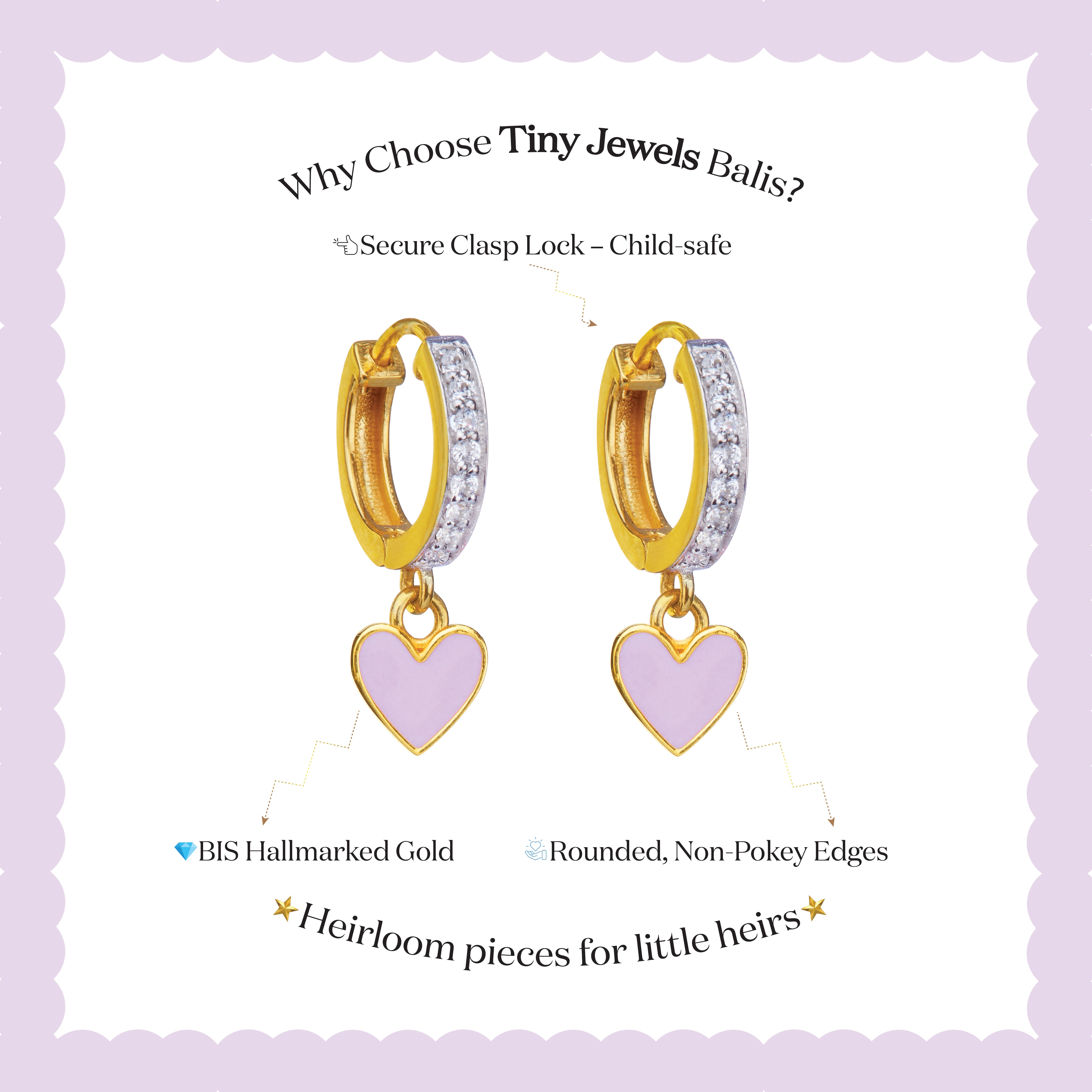 Tiny Jewels gold hoop earrings with heart charms on a light purple background, featuring text about product features.