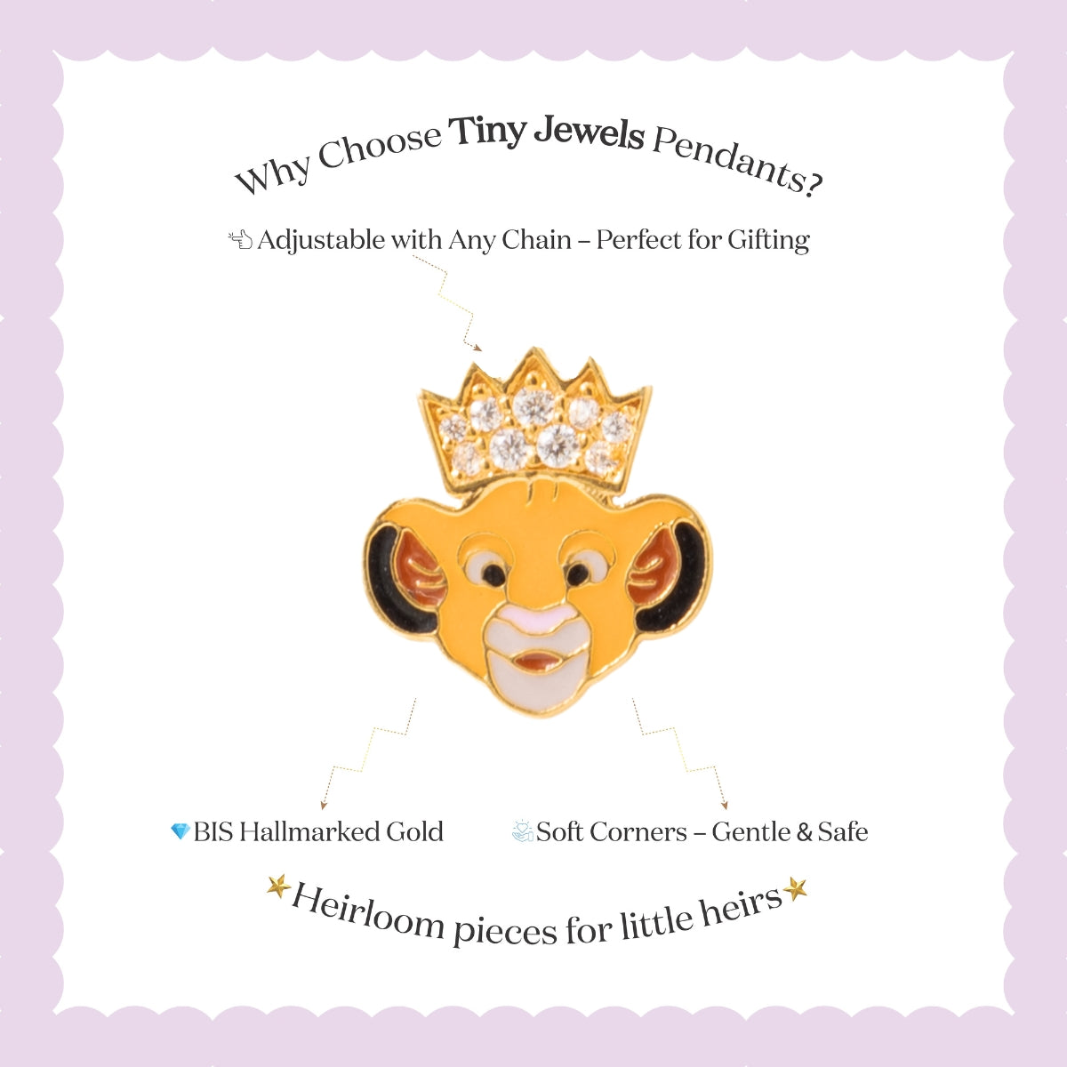 Tiny Jewels gold pendant shaped like a lion's head with a crown on a white background