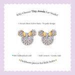 Tiny Jewels gold and crystal mouse ear-shaped earrings on a white card with text about Tiny Jewels.