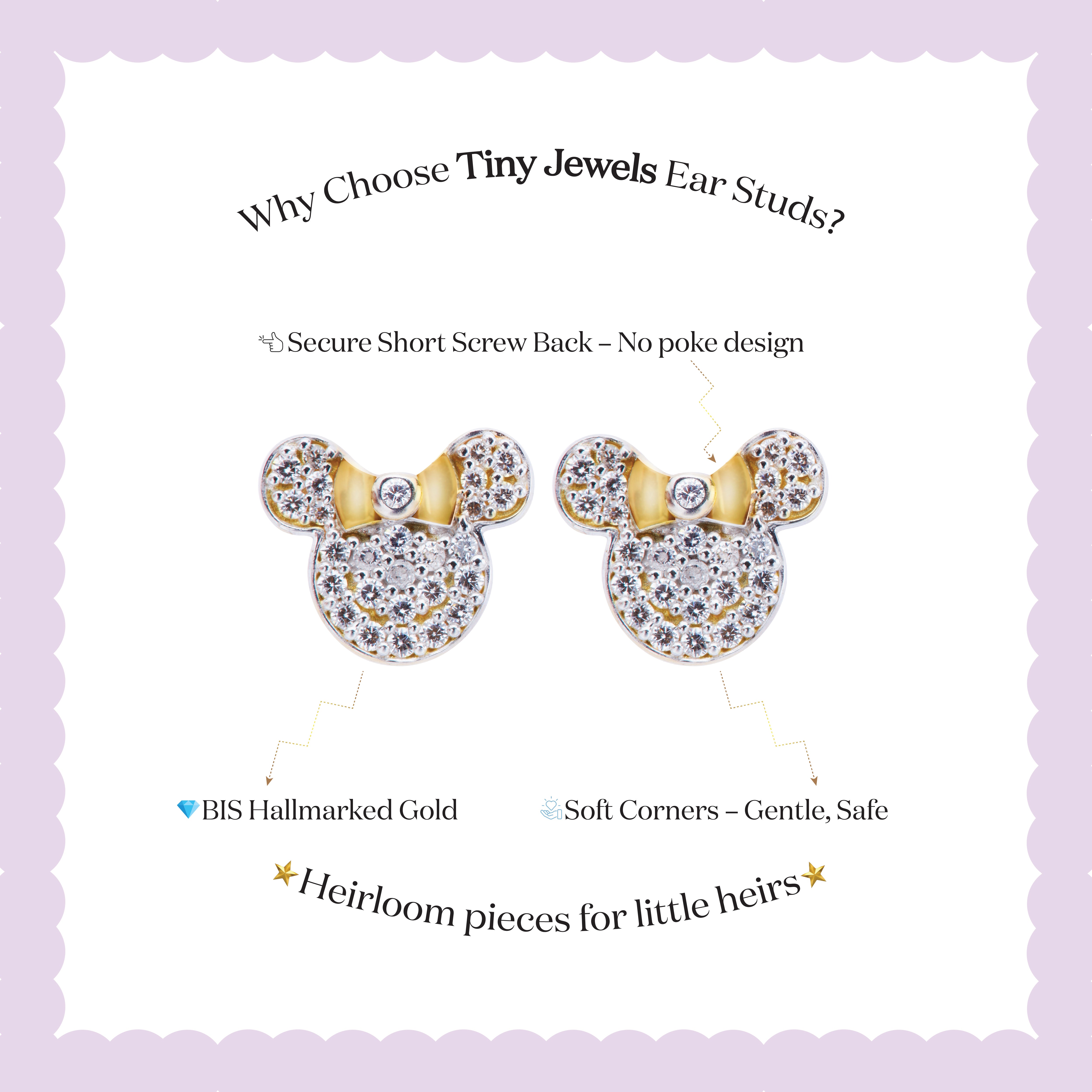 Tiny Jewels gold and crystal mouse ear-shaped earrings on a white card with text about Tiny Jewels.