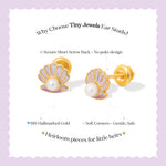 Tiny Jewels gold and purple shell-shaped earrings with pearl center on a light purple background, featuring text about the product.