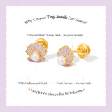 Tiny Jewels gold and purple shell-shaped earrings with pearl center on a light purple background, featuring text about the product.