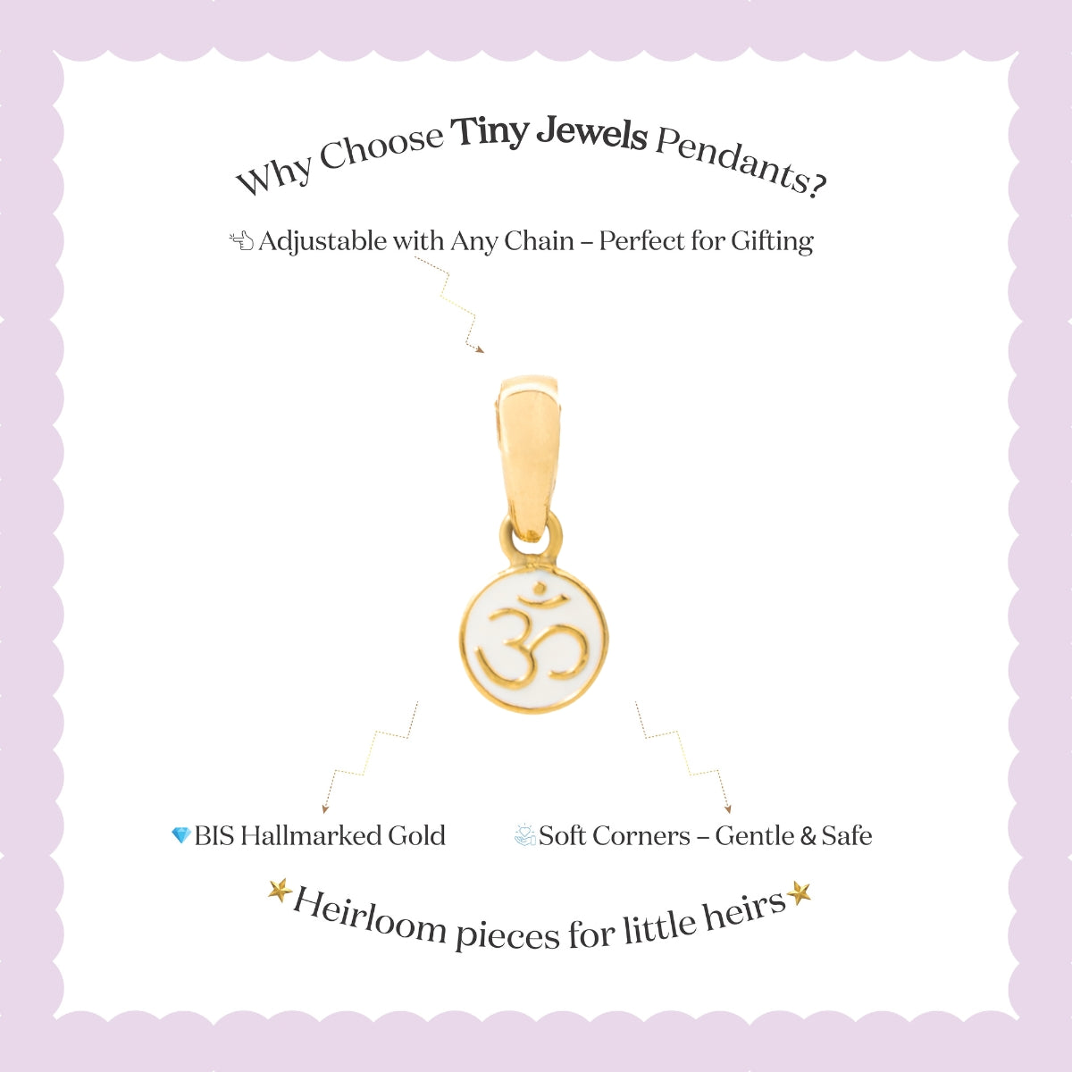 Tiny Jewels gold pendant with Om symbol on a white card with purple border
