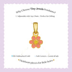Tiny Jewels gold pendant with a pink flower design on a white background with text about Tiny Jewels Pendants.