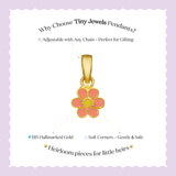 Tiny Jewels gold pendant with a pink flower design on a white background with text about Tiny Jewels Pendants.