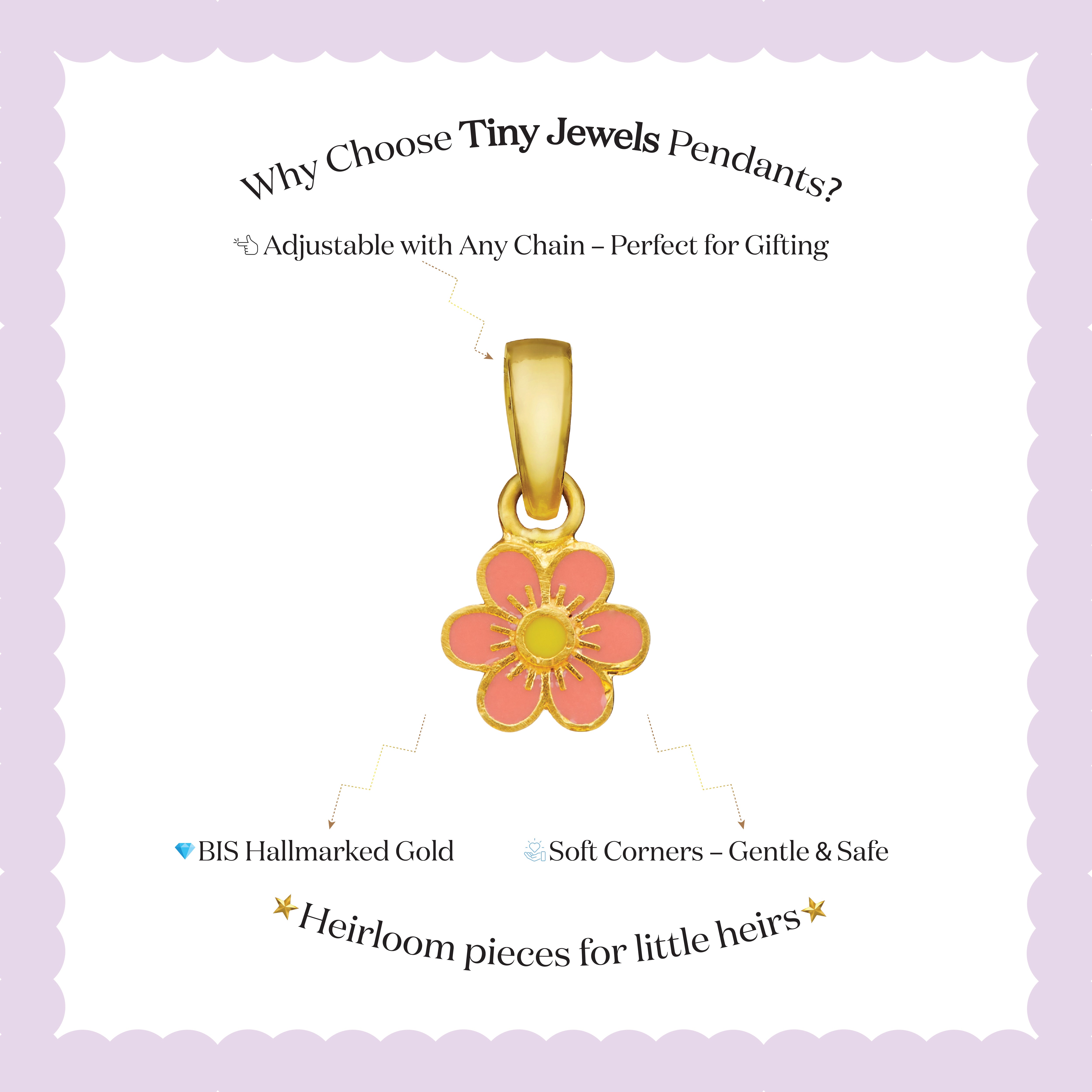 Tiny Jewels gold pendant with a pink flower design on a white background with text about Tiny Jewels Pendants.