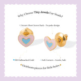 Tiny Jewels heart-shaped earrings with gold and pink details on a white background with text about Tiny Jewels ear studs.