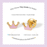 Tiny Jewels gold crown-shaped earrings with pink centers on a white background with text about the product.