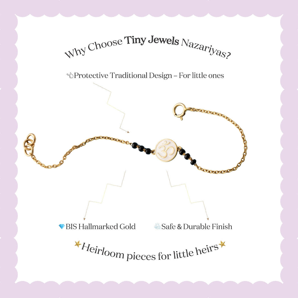 Tiny Jewels gold bracelet with black beads on a white background with promotional text about Tiny Jewels Nazariyas.